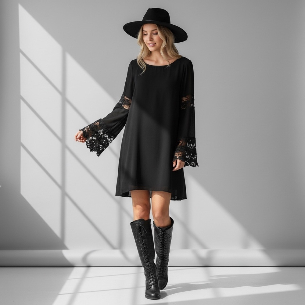 Kori Black Crochet Lace Bell Sleeve Mini Shift Dress S NWT